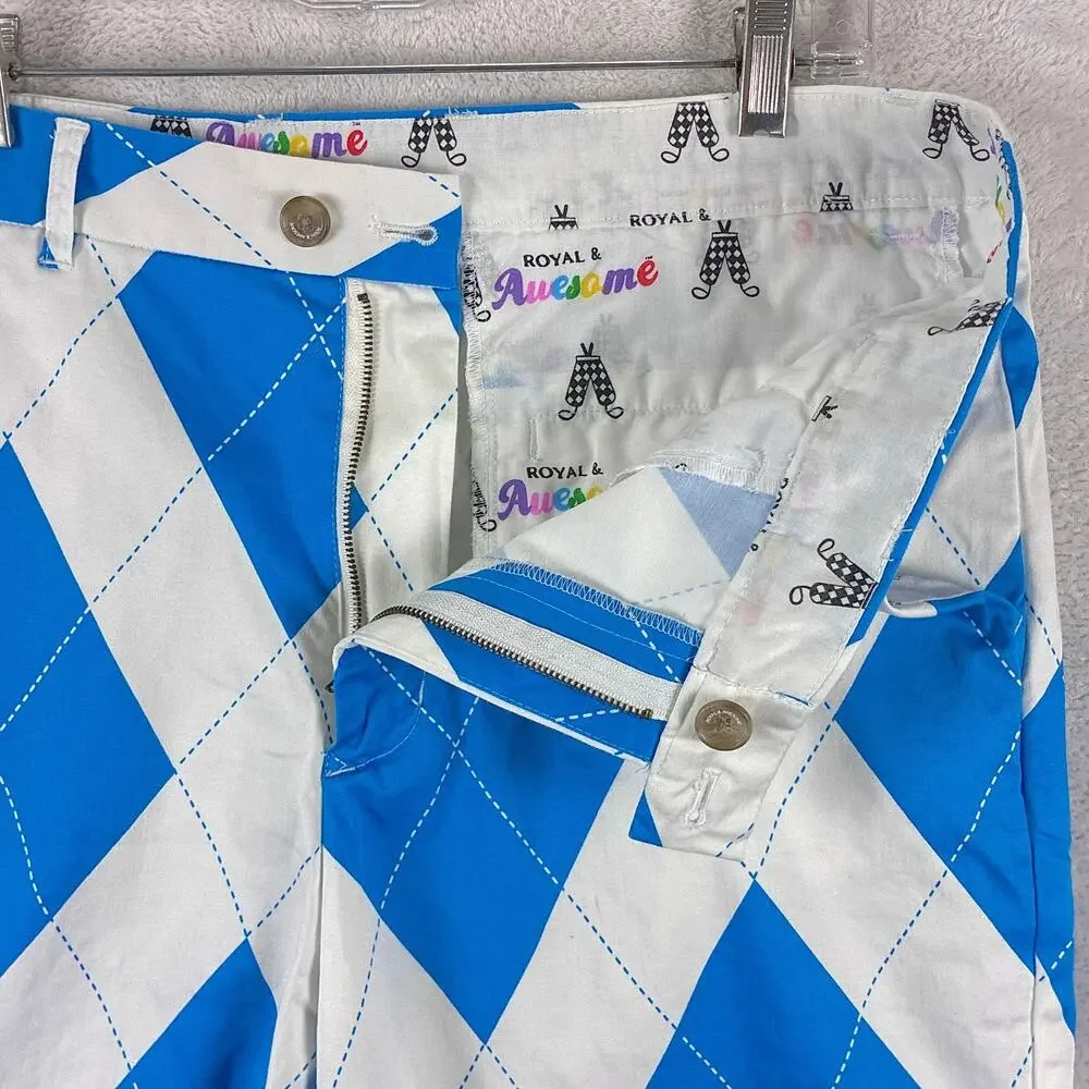 Royal and Awesome Shorts Mens 36 White Blue Argyle Preppy Golf Summer Outdoors